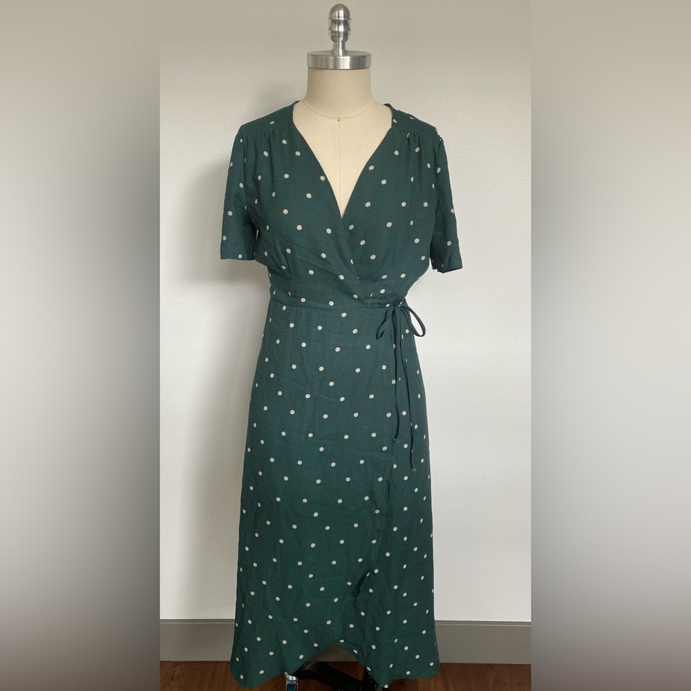 EVERLY Forest Green with White Polkadots Wrap Dress. Size Small.